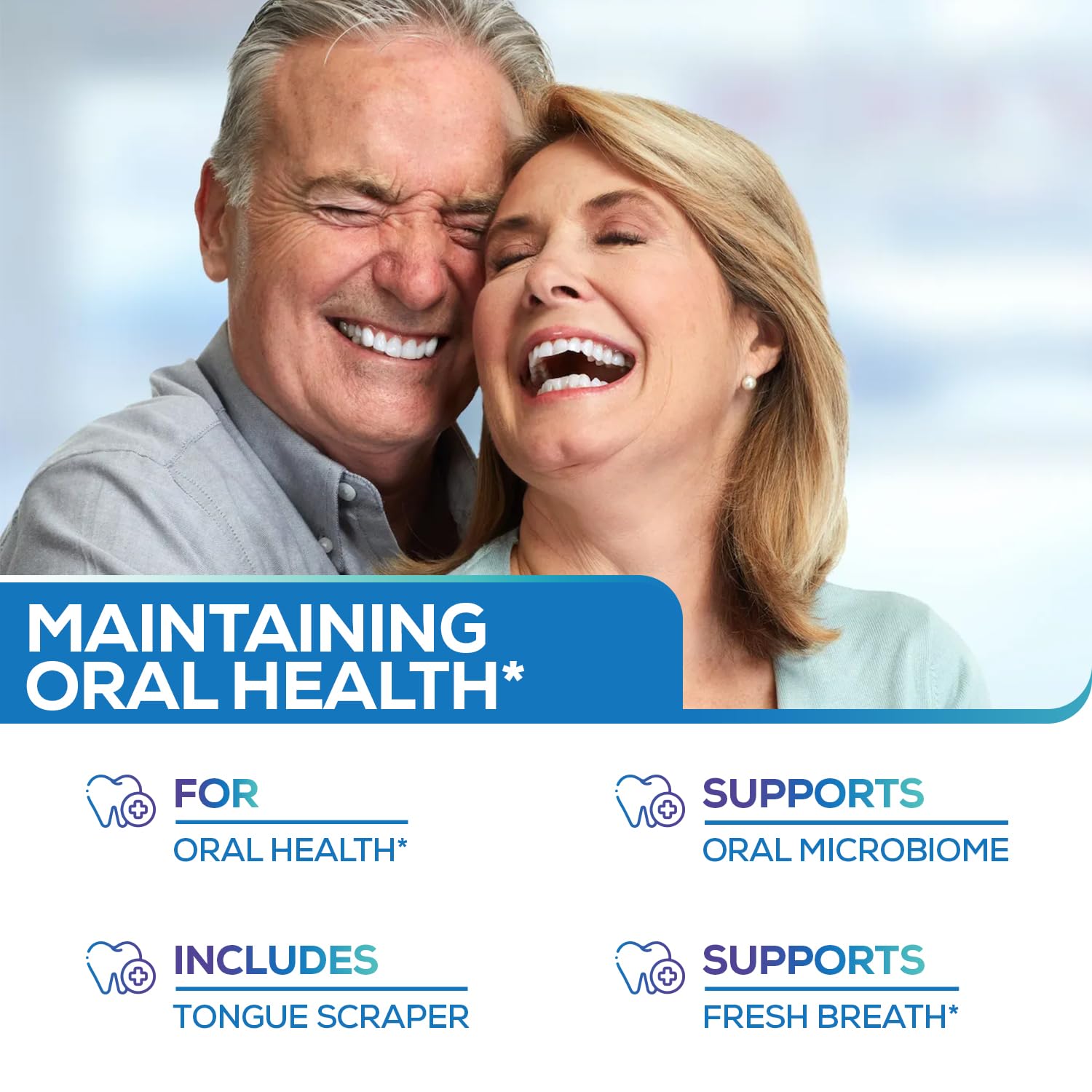 Box and bottle of Oral Probiotics & Tongue Scraper