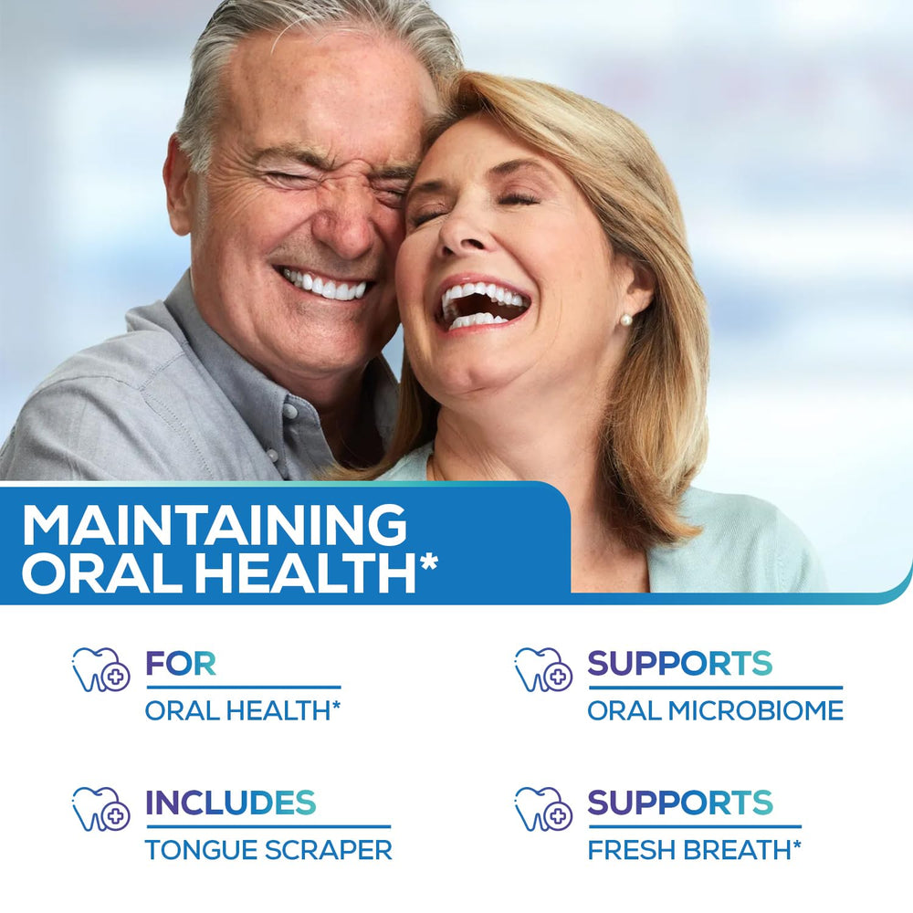 Box and bottle of Oral Probiotics & Tongue Scraper