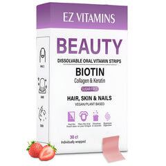 Front packaging of Oral Strips for hair, skin and nails with strawberry flavor