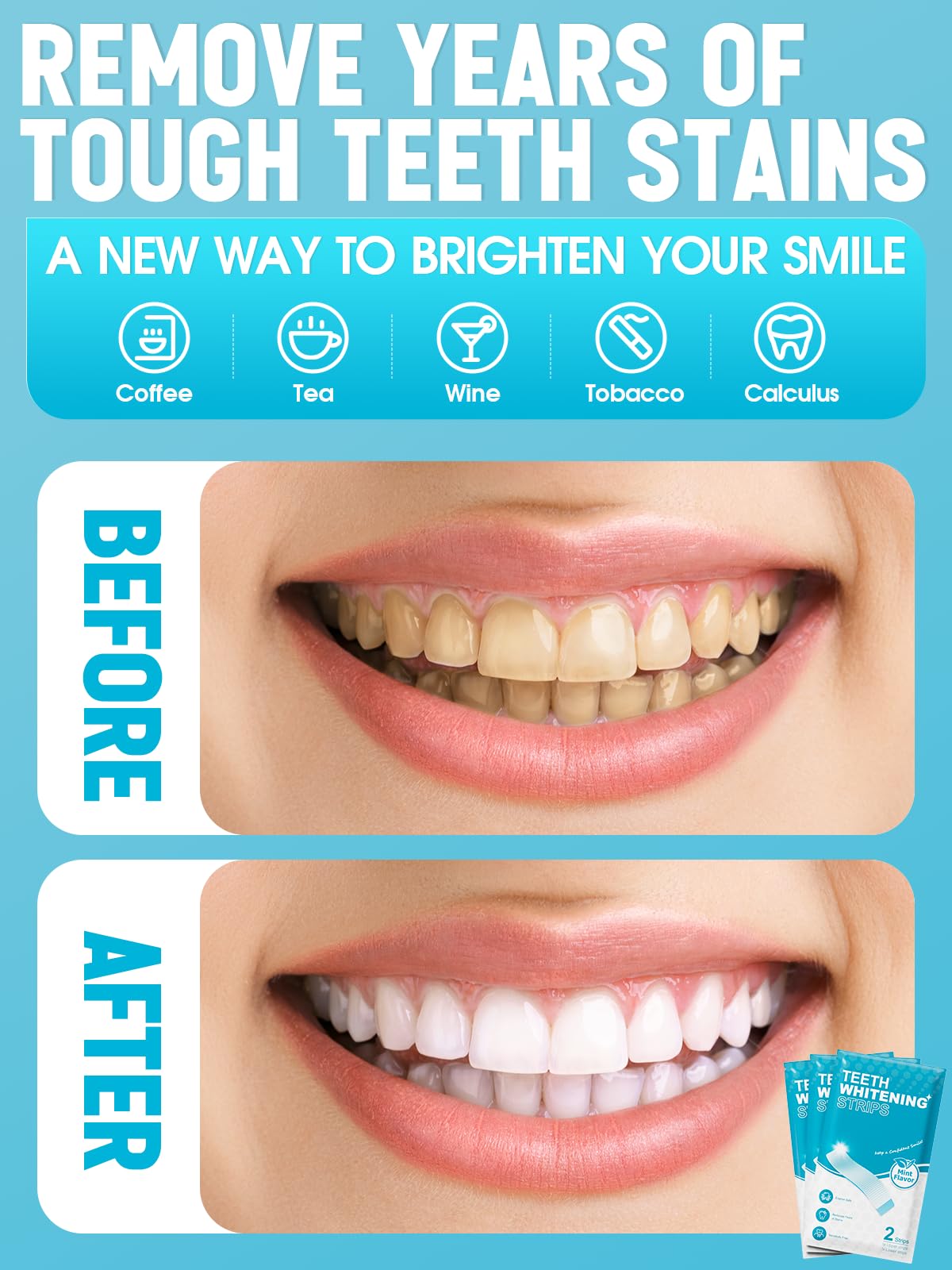 Whitening strips targeting coffee, wine, tobacco stains