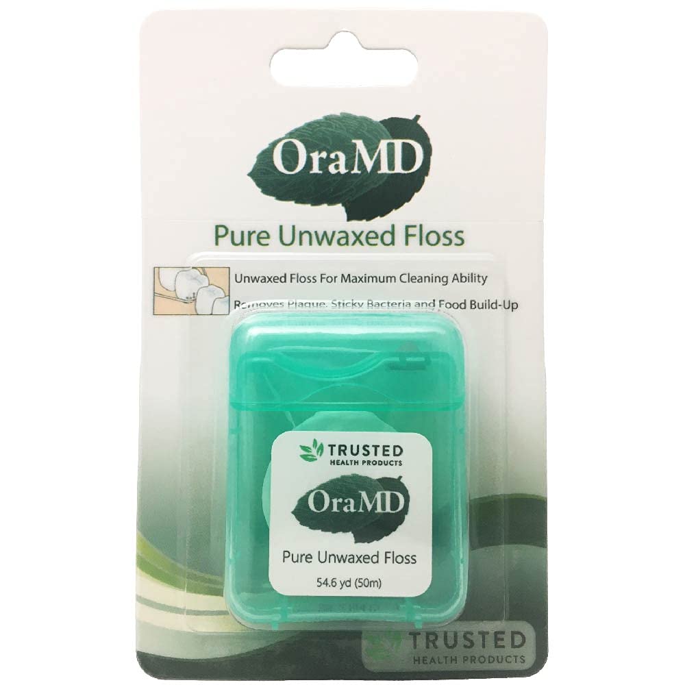 Close-up of OraMD unwaxed floss showing thin, shred-resistant nylon