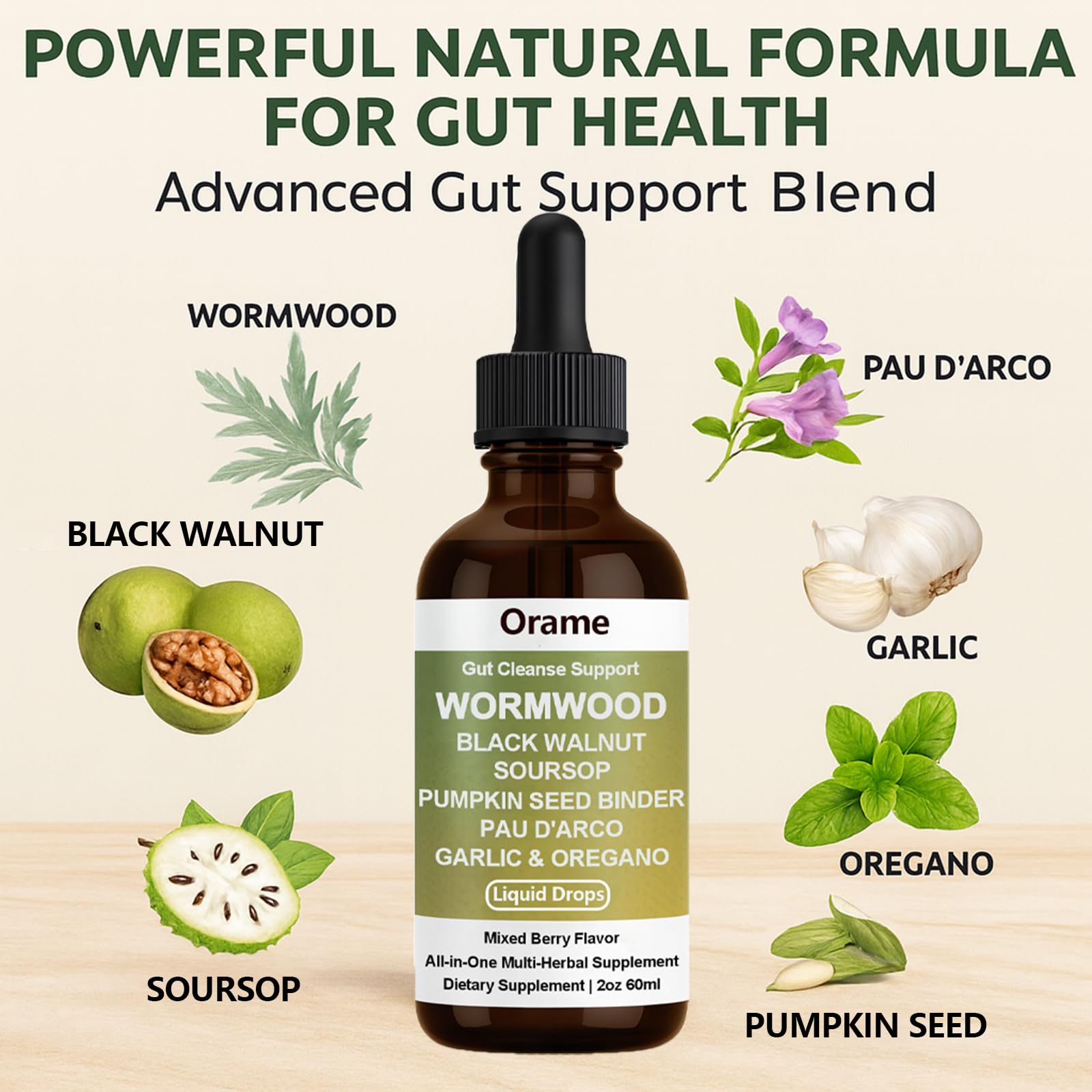 Ingredients collage showing wormwood, black walnut, and clove