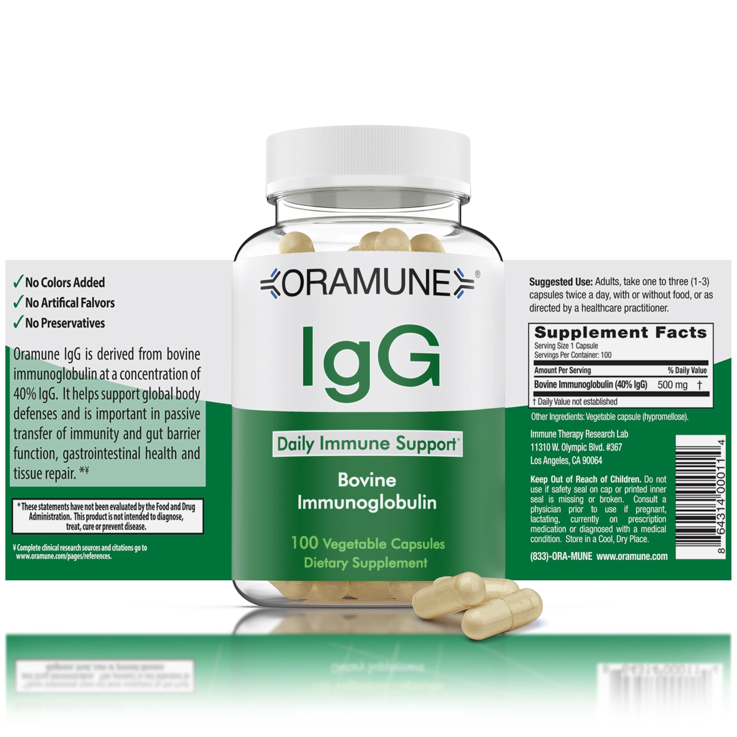 Oramune IgG 500mg immunoglobulin supplement bottle label