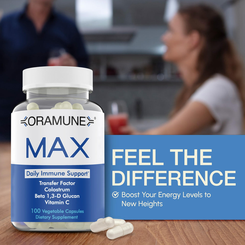 Several Oramune Max capsules spilled from bottle
