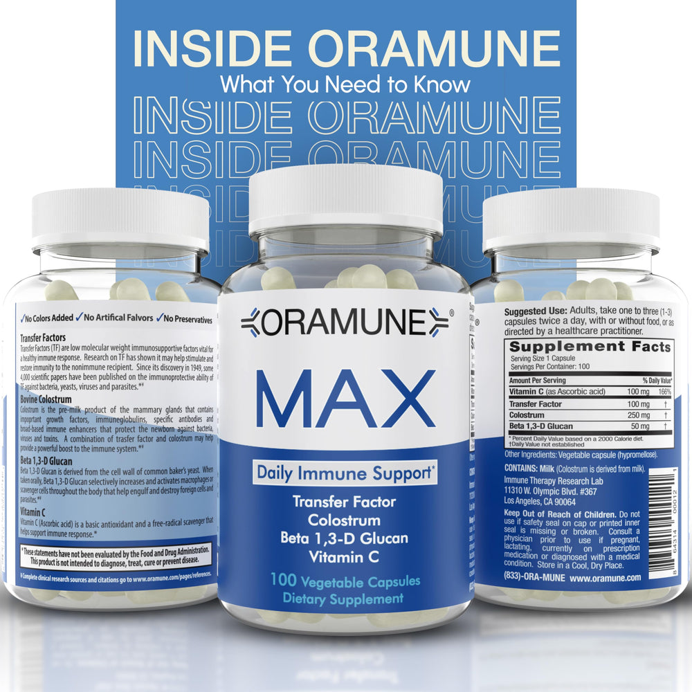 Oramune Max outer packaging and bottle