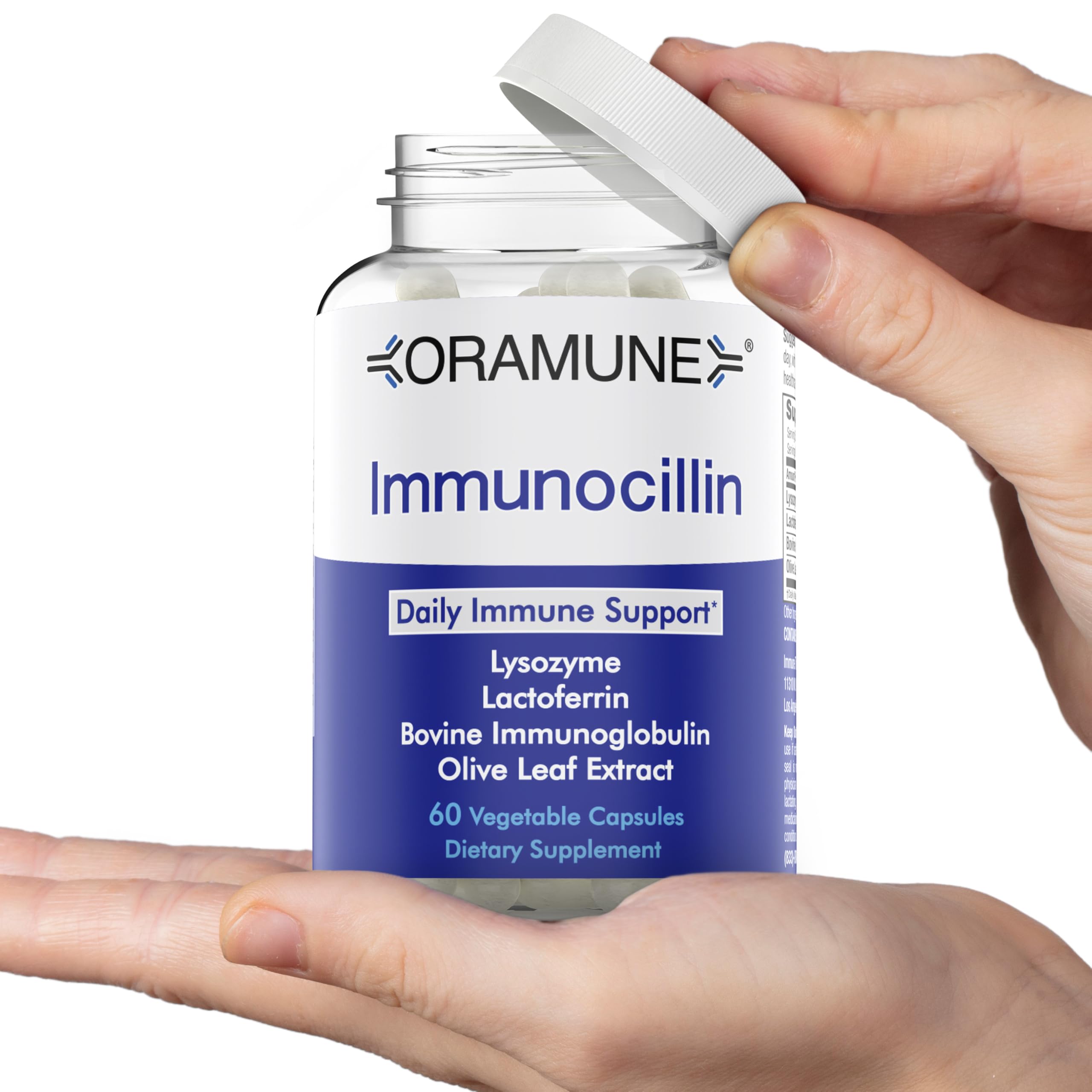 Oramune bottle label highlighting Transfer Factor and Pure Colostrum