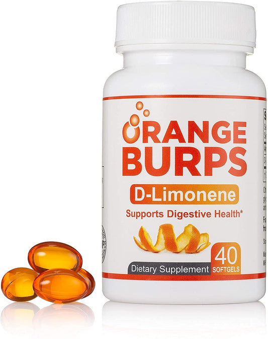 Orange Burps D-Limonene soft gels bottle for convenient acid-reflux relief