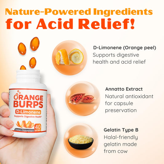 Orange Burps D-Limonene soft gels pour demonstrating quick access during reflux moments