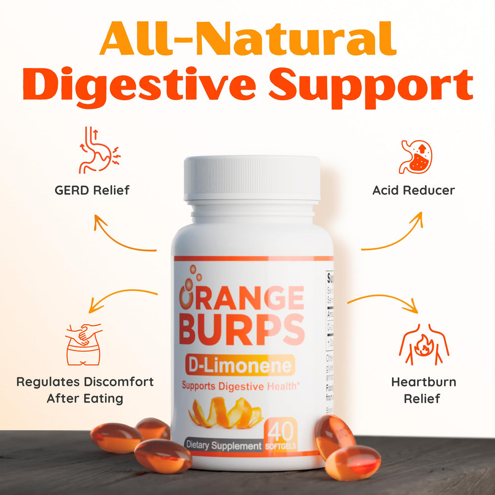 Orange Burps packaging box display with natural color and GRAS safety claim