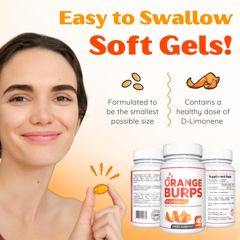 Orange Burps soft gels close-up highlighting compact, easy-to-swallow capsules