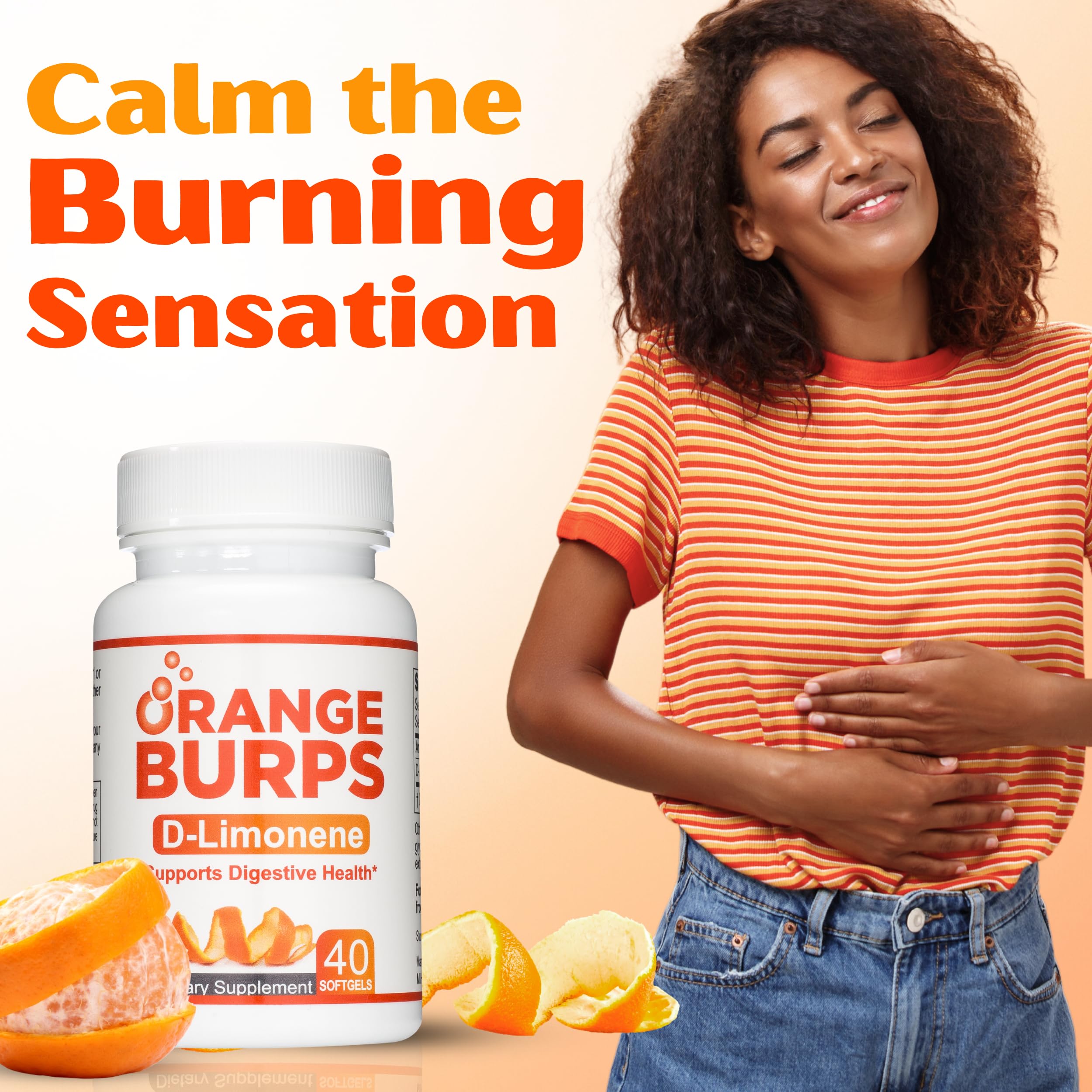 Orange Burps wellness scene showing capsules beside a glass of water