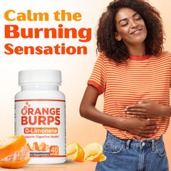 Orange Burps wellness scene showing capsules beside a glass of water