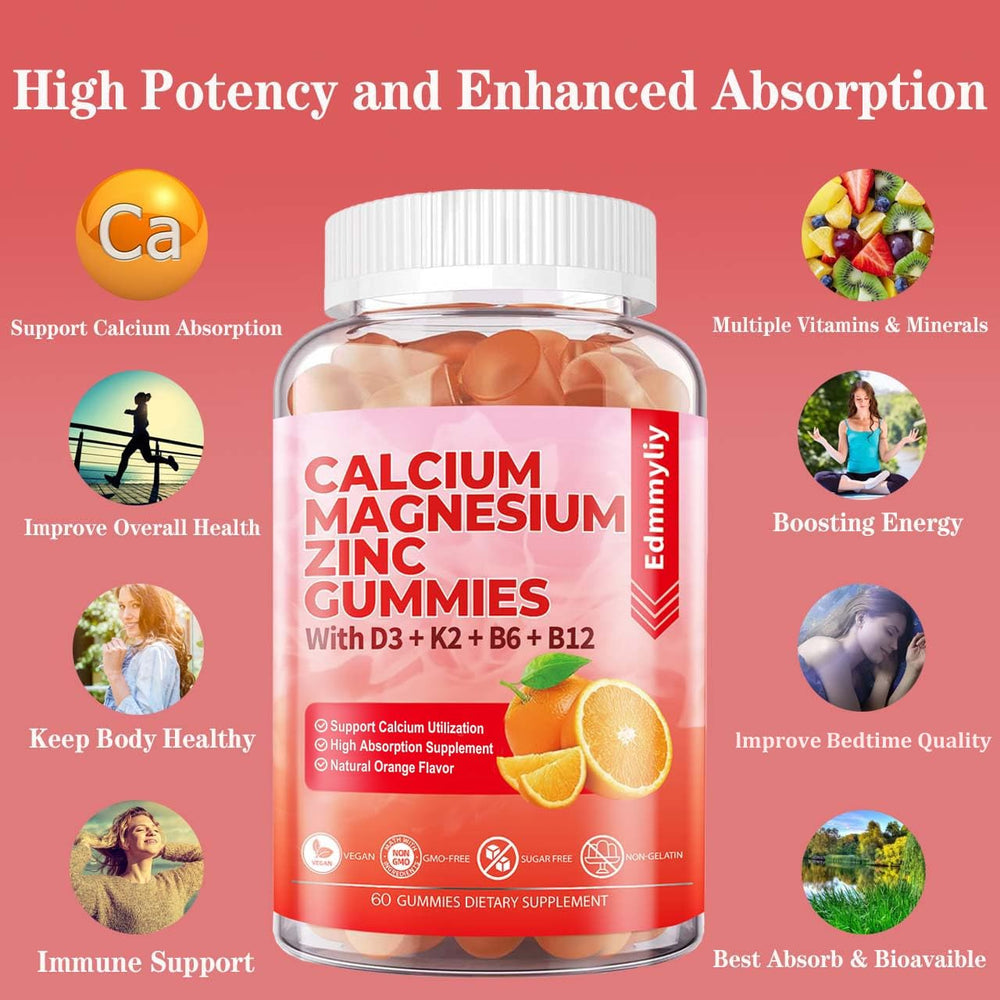 Orange-flavored calcium magnesium zinc gummies serving