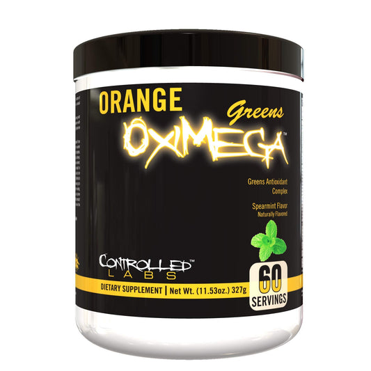 Front view of Controlled Labs Orange Oximega Greens Spearmint container