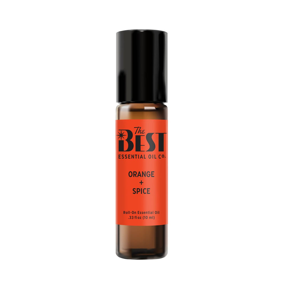 The Best Orange + Spice essential oil roll-on bottle front view