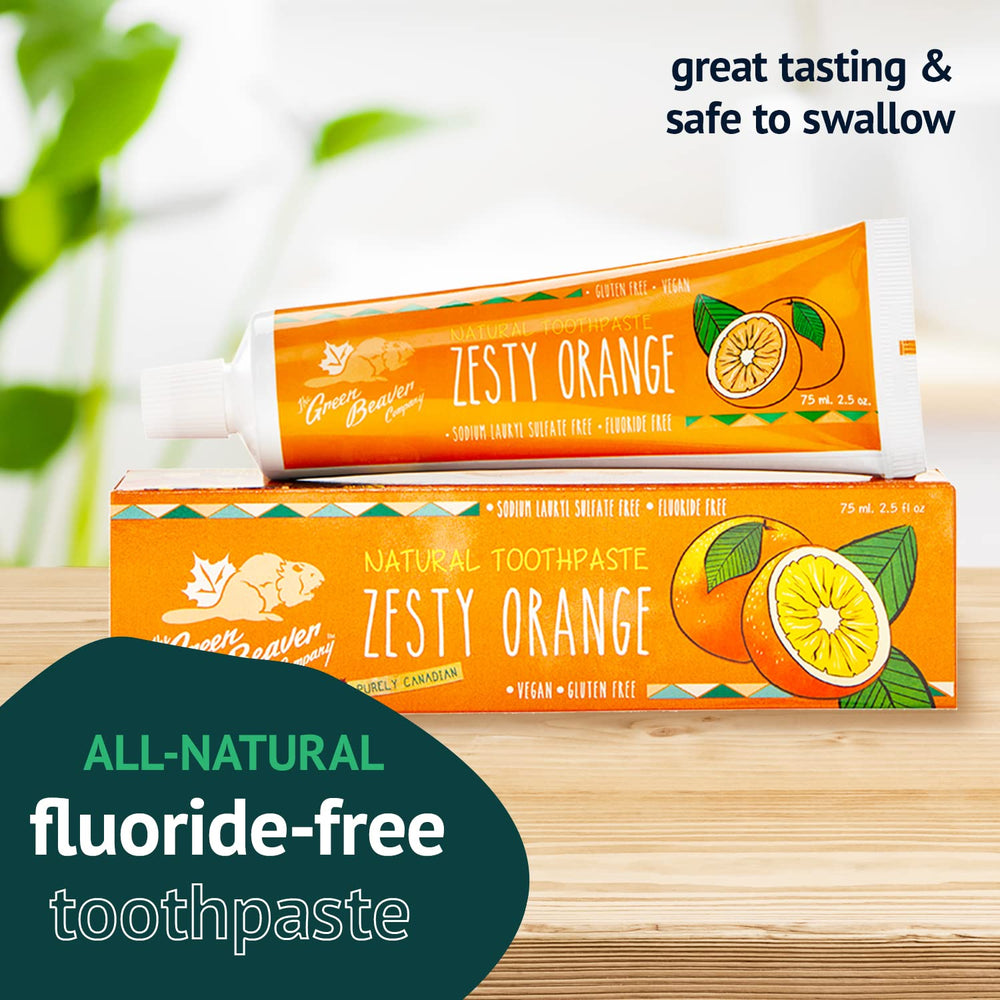 Close-up of Orange Zesty Fluoride-Free Toothpaste tube
