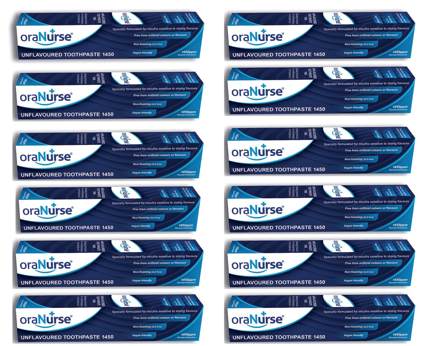 Oranurse 50ml unflavoured toothpaste tubes in 12-pack carton