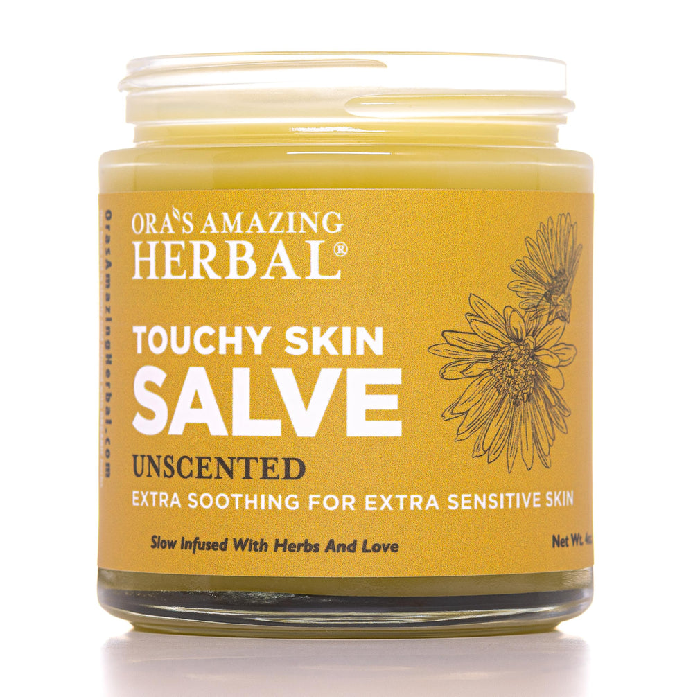 Ora's Amazing Herbal Touchy Skin Salve 4oz bottle closeup showing gentle unscented care