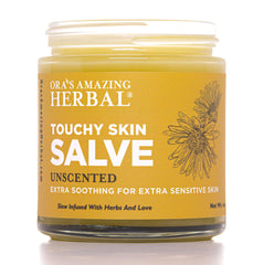 Ora's Amazing Herbal Touchy Skin Salve 4oz bottle closeup showing gentle unscented care