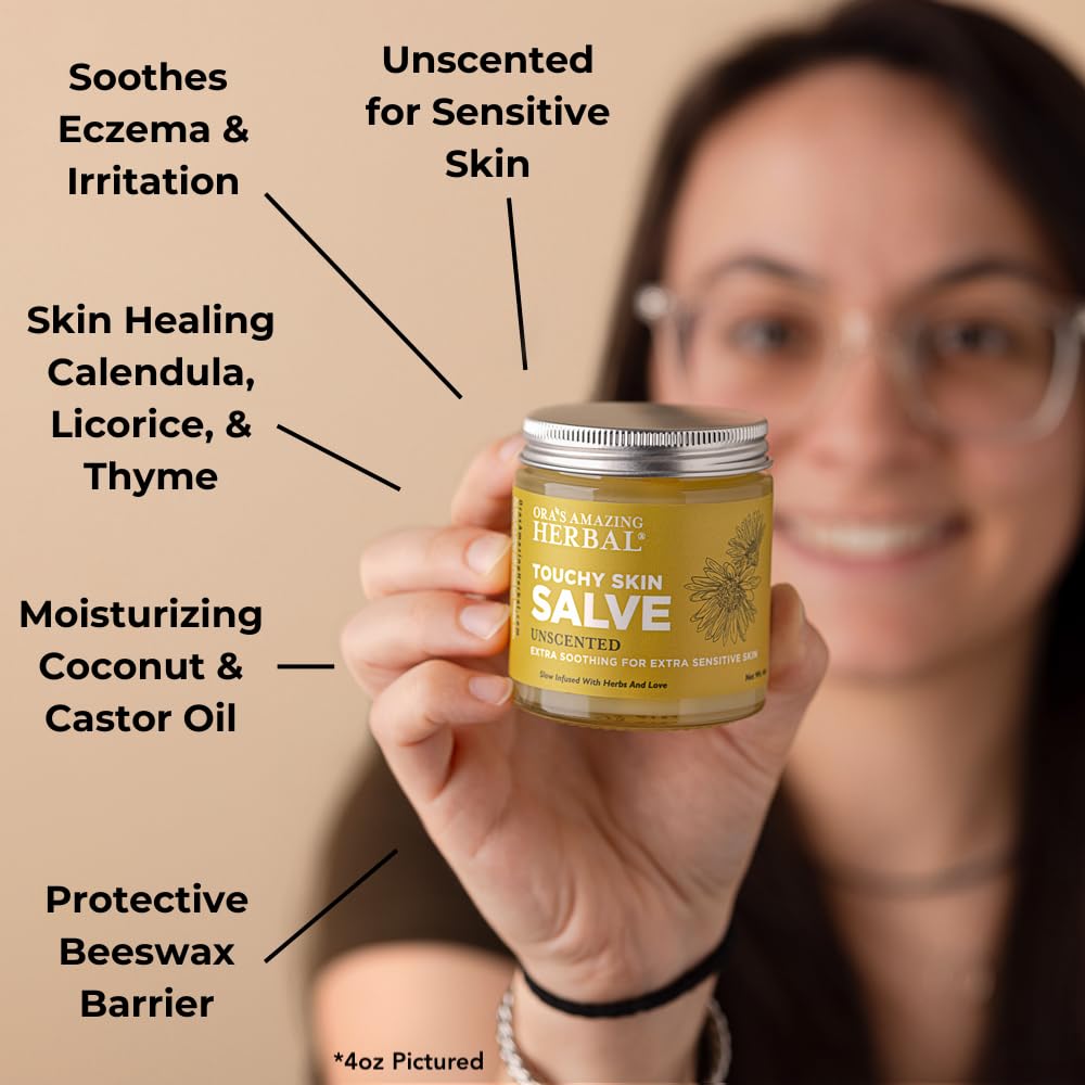 Touchy Skin Salve application on dry skin for soothing daily moisture