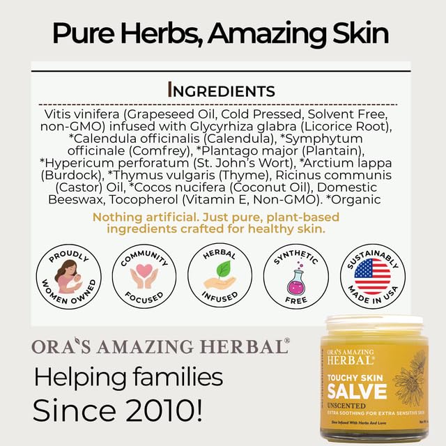 Touchy Skin Salve unscented formula suitable for kids and adults seeking gentle skin support
