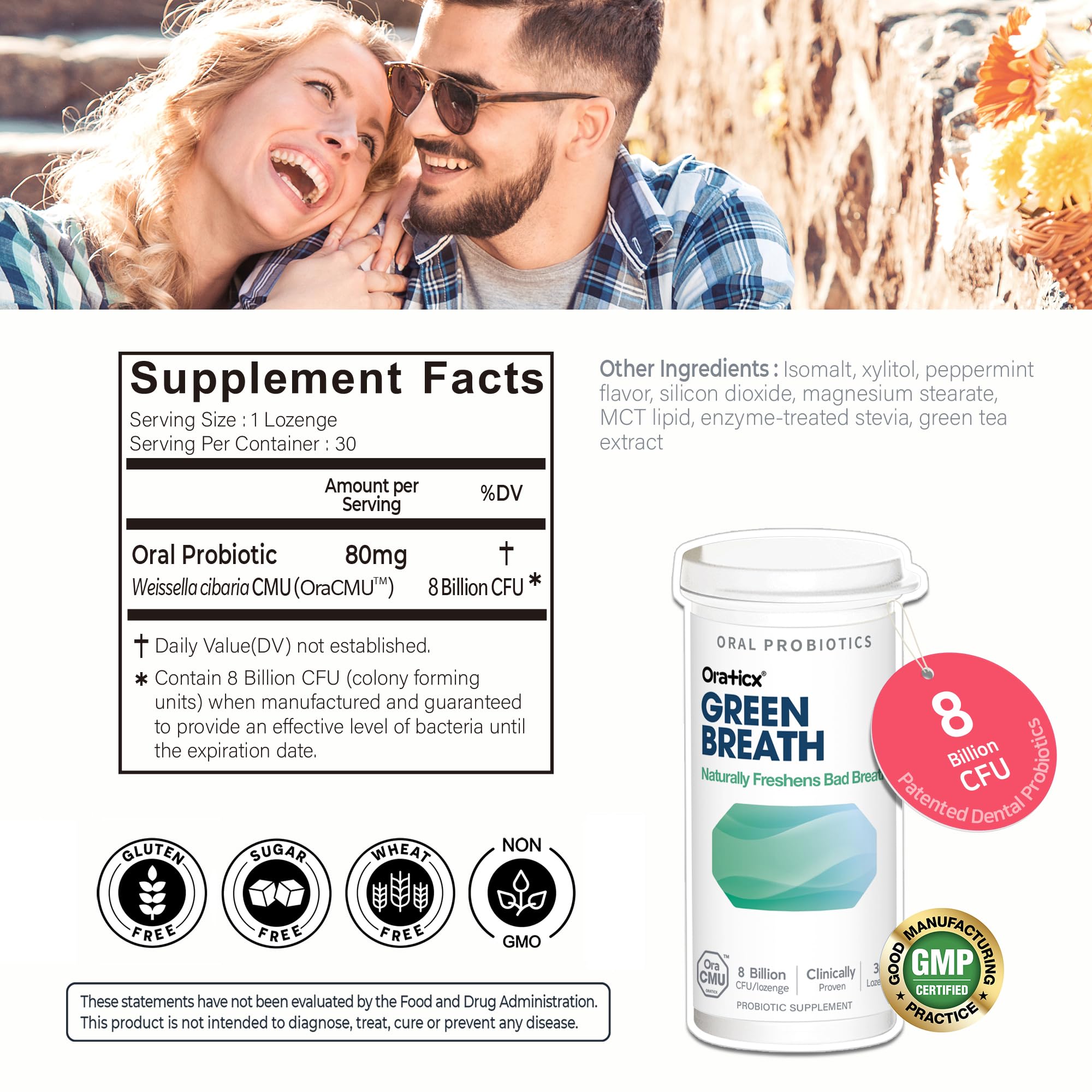 Packaging for OraTicx Green Breath Probiotics mint lozenges