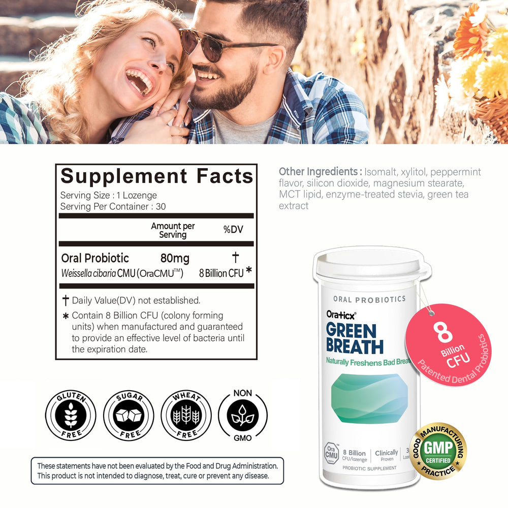 Packaging for OraTicx Green Breath Probiotics mint lozenges
