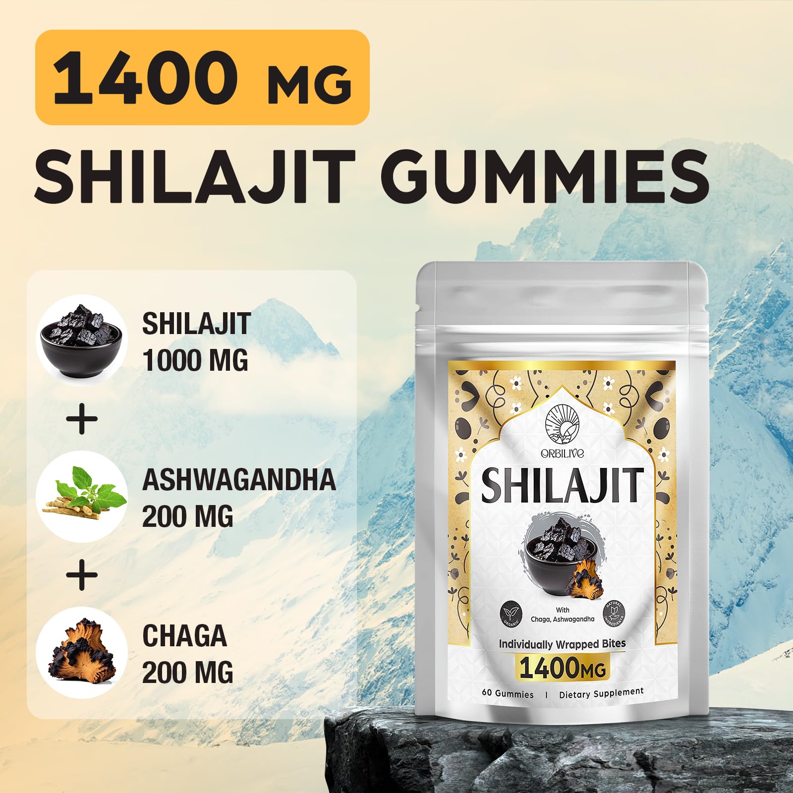 Individually wrapped ORBILIVE Shilajit Gummies