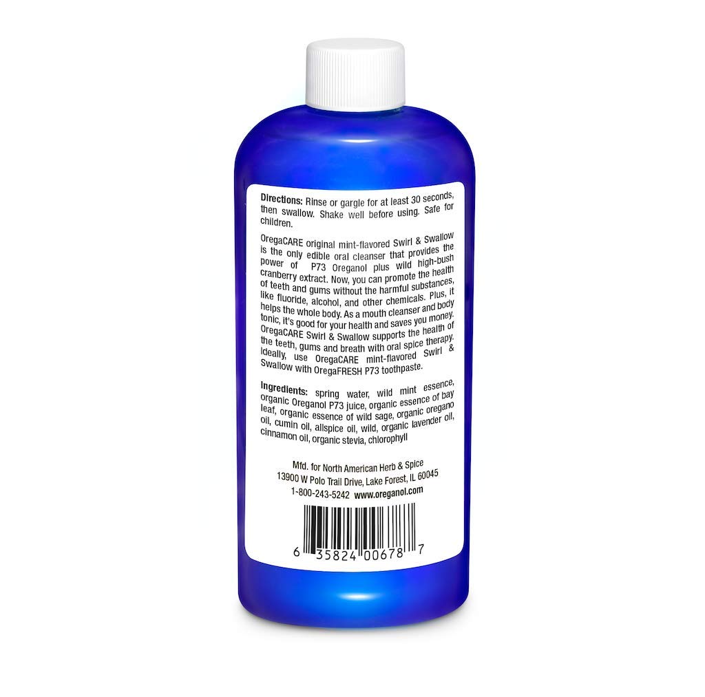 OregaCARE Swirl & Swallow Wild Mint bottle back label