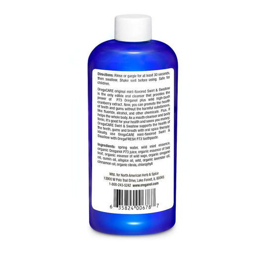 OregaCARE Swirl & Swallow Wild Mint bottle back label