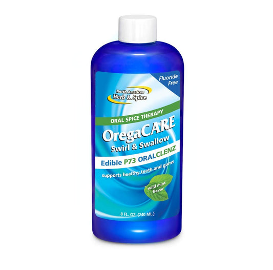 OregaCARE Swirl & Swallow Wild Mint bottle front, 8 fl oz