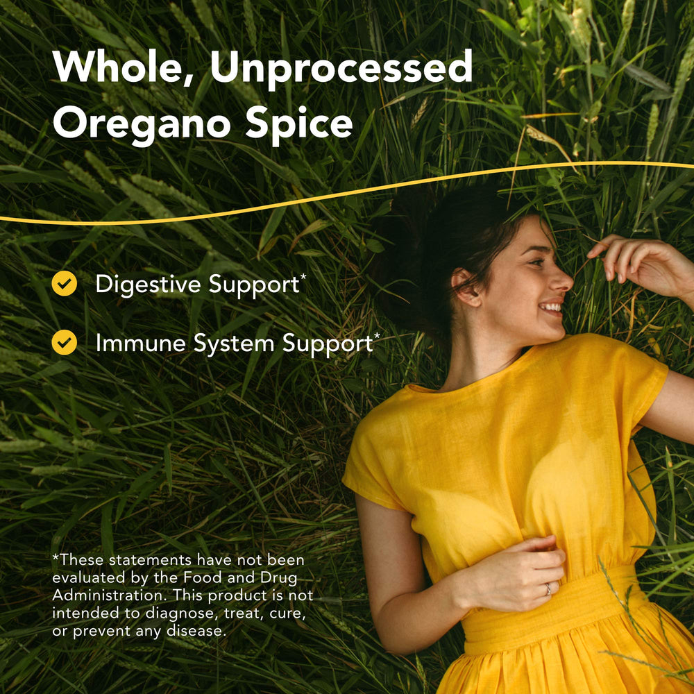 Oreganol P73 oregano oil with garlic and onion imagery