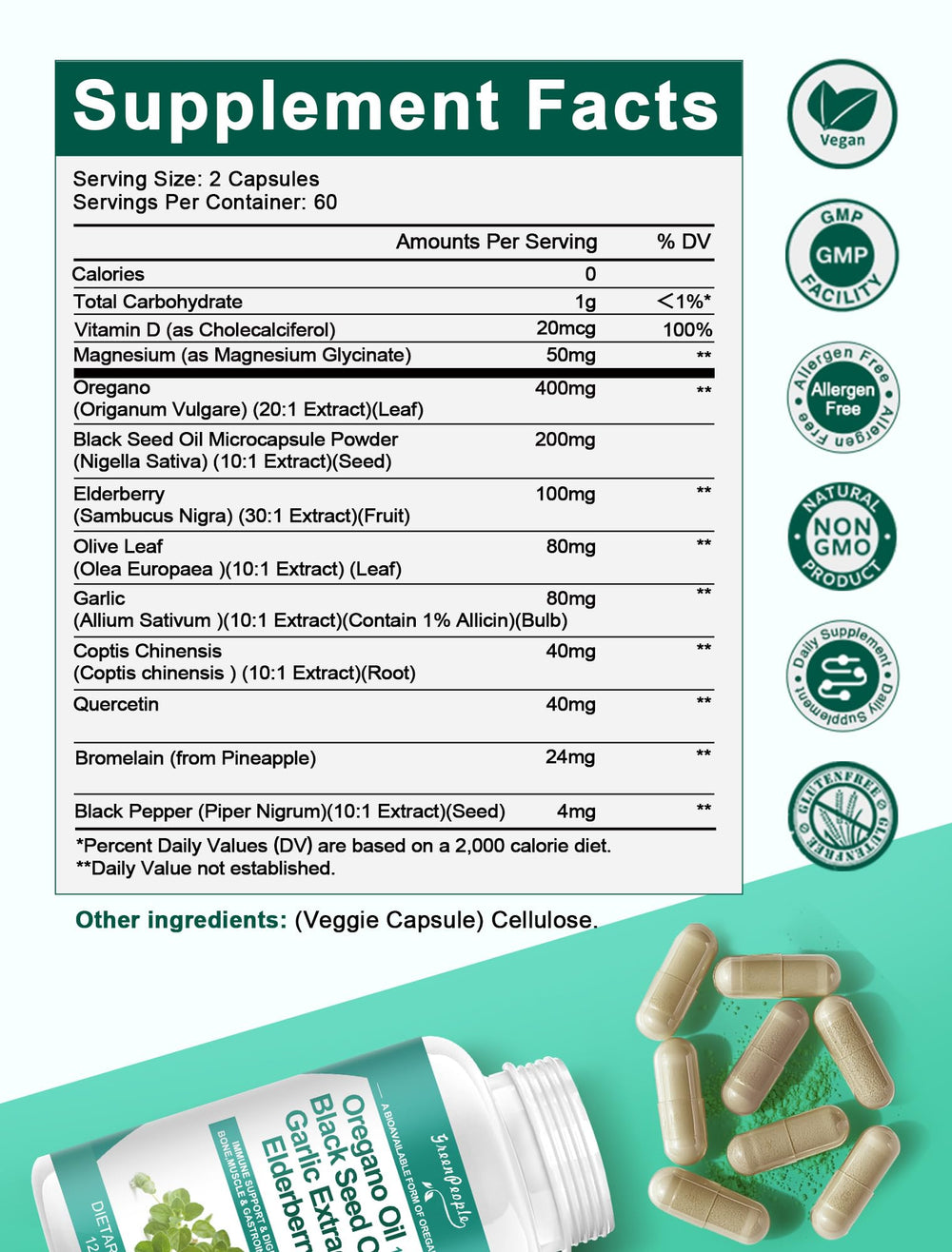 Close-up of 11-in-1 blend ingredients including oregano oil