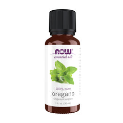 Bottle of oregano essential oil with label close-up