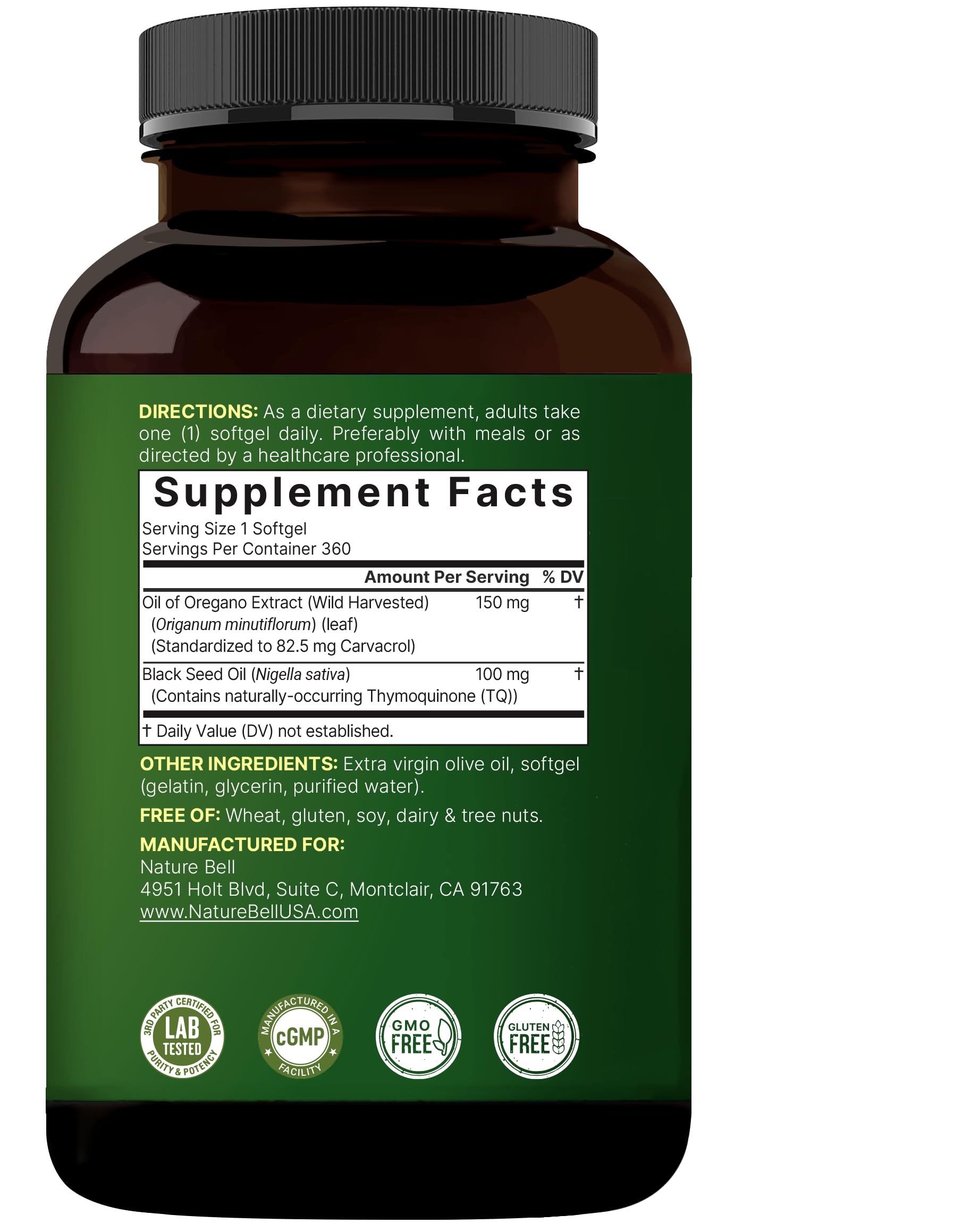 Immune health branding on NatureBell oregano oil bottle
