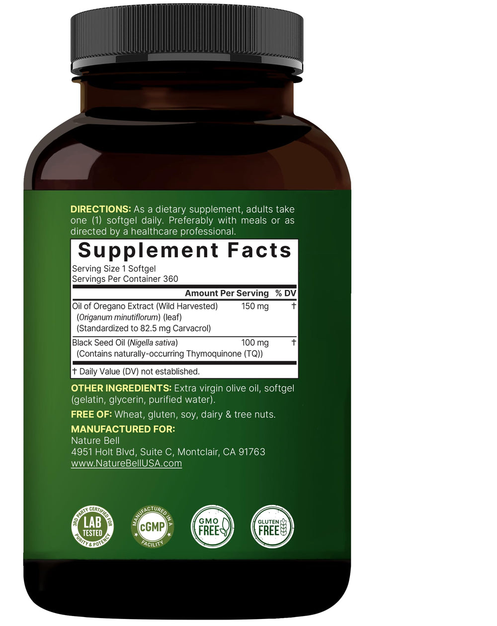 Immune health branding on NatureBell oregano oil bottle