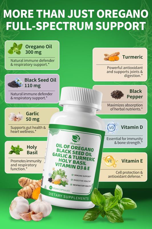 Close-up of oregano oil and black seed oil capsules