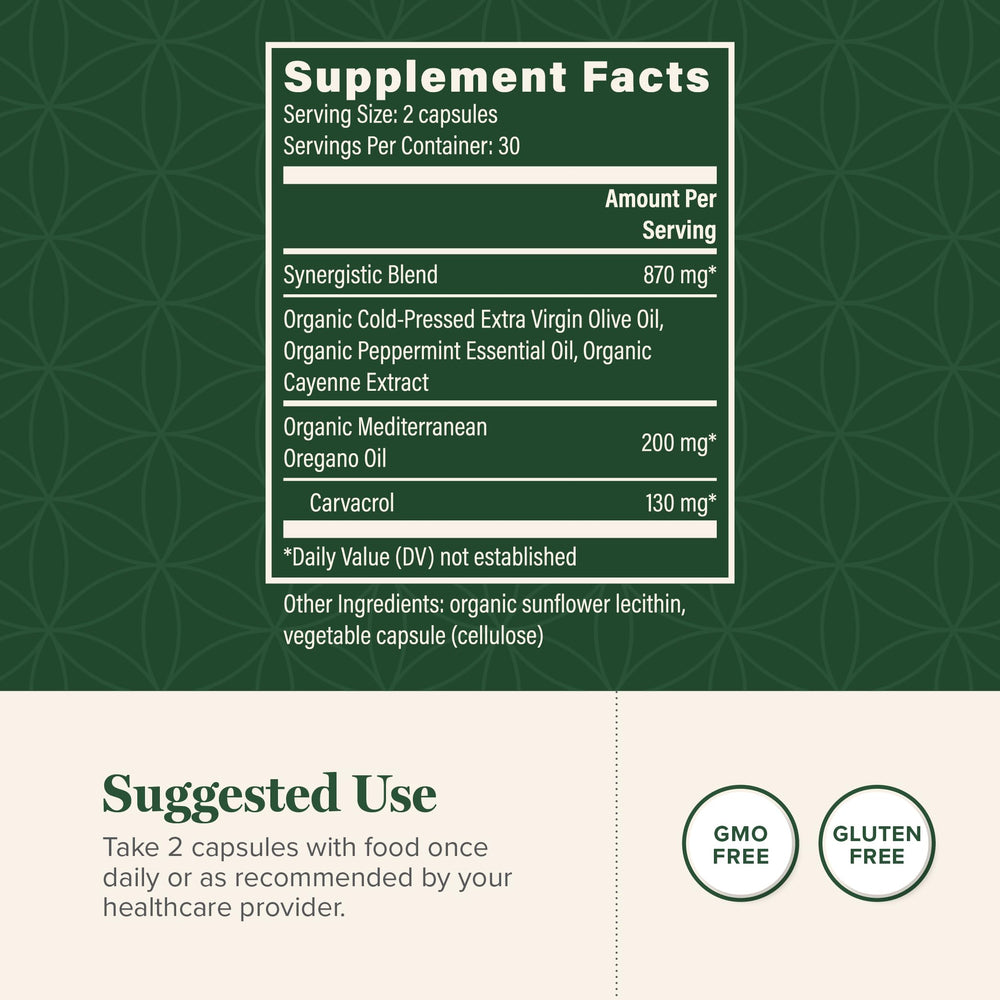Organic oregano oil and olive oil capsules with peppermint