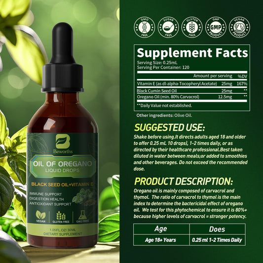 Blended formula of oregano oil, black seed oil, and vitamin E