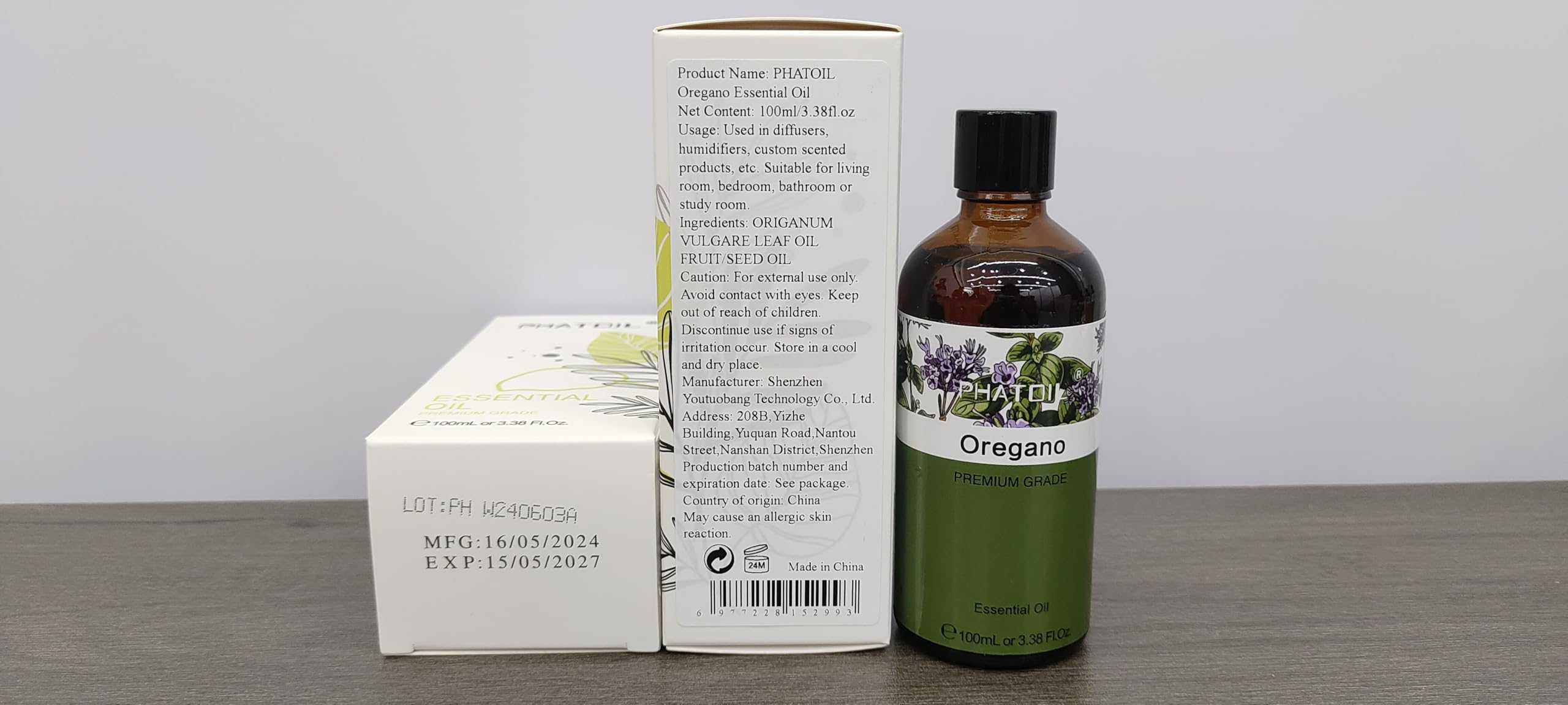 Label and dropper on oregano essential oil bottle