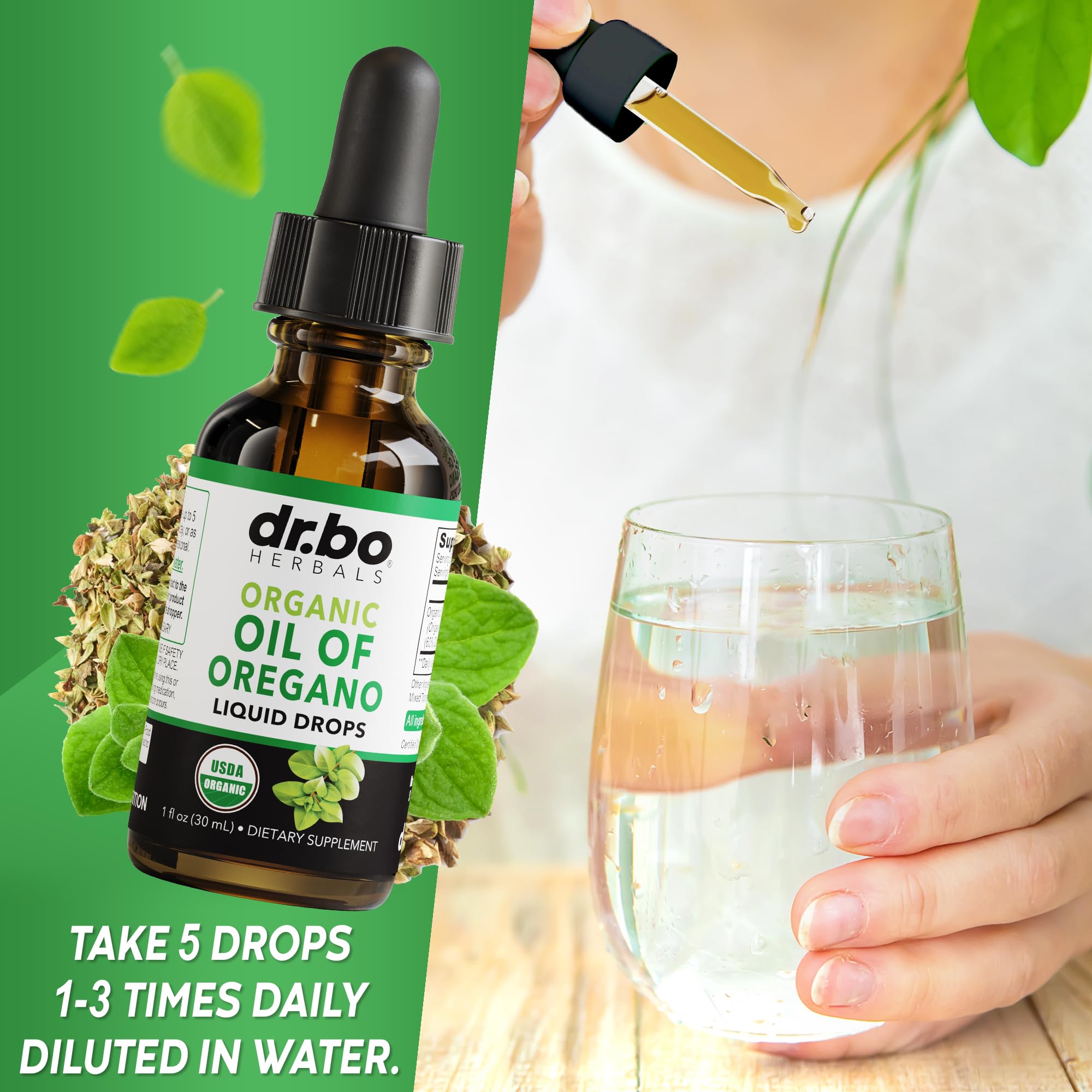 Illustration emphasizing immune support with oregano oil drops