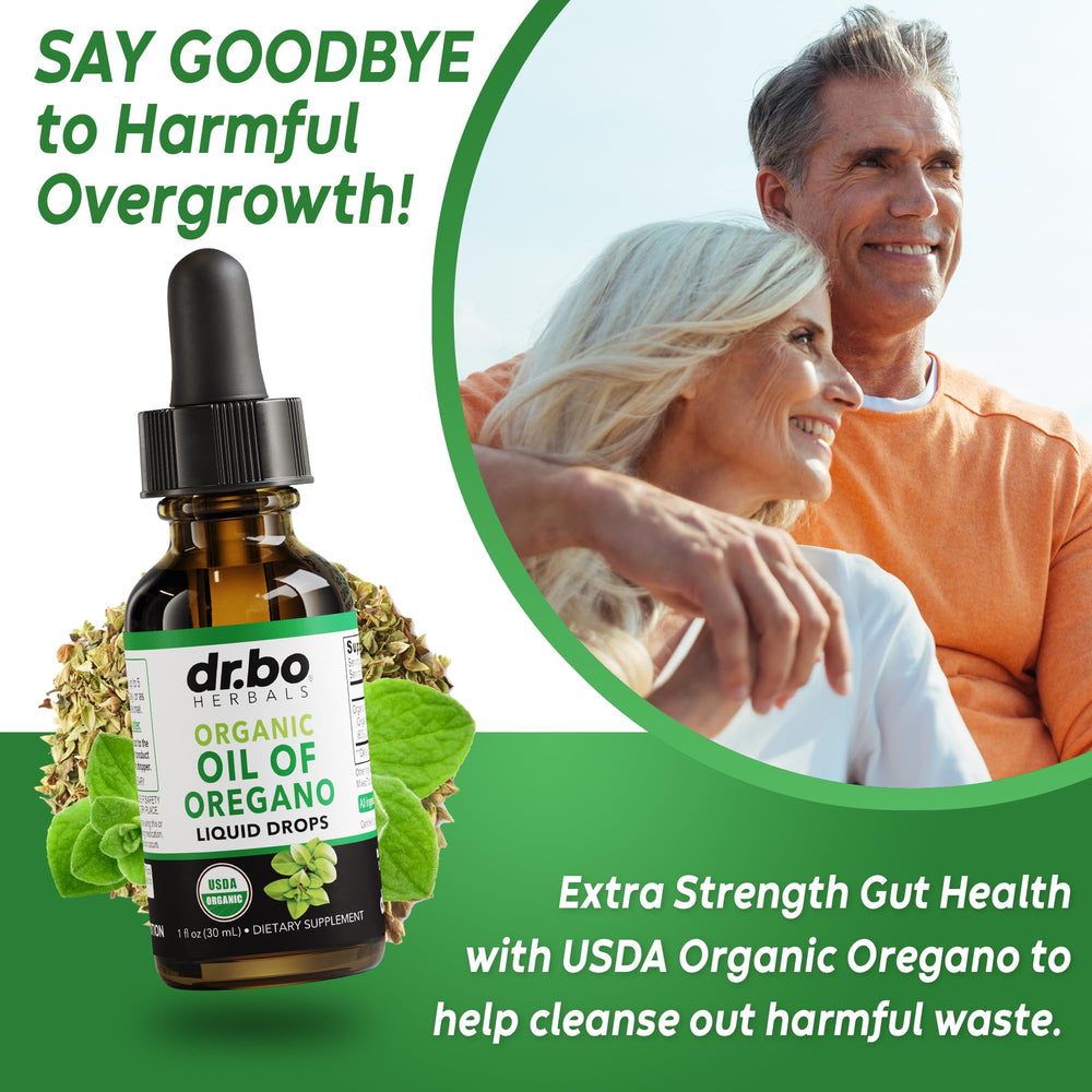 Illustration emphasizing digestive gut health with oregano oil drops
