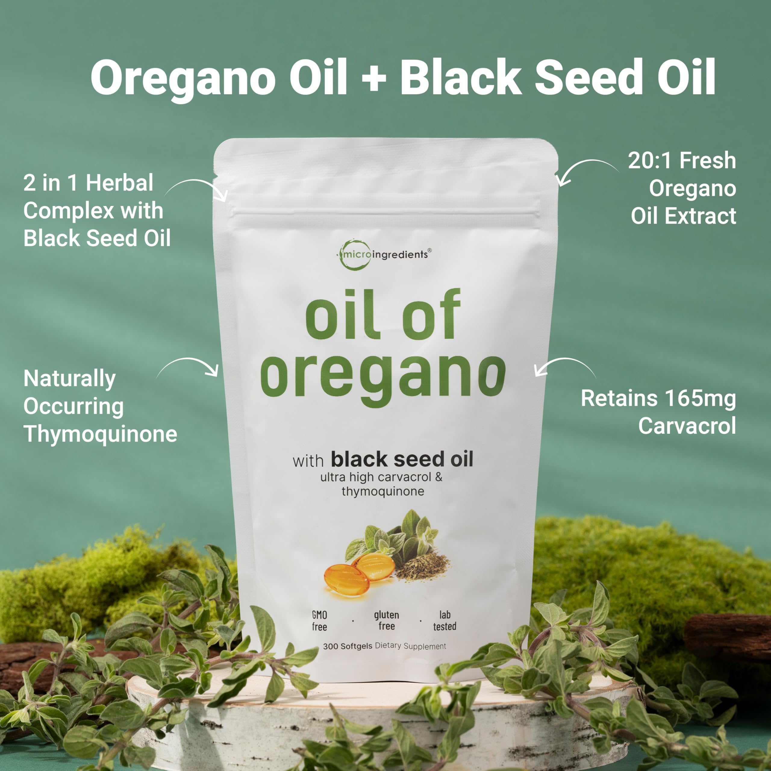 Oregano oil softgels packaging showing 300-count