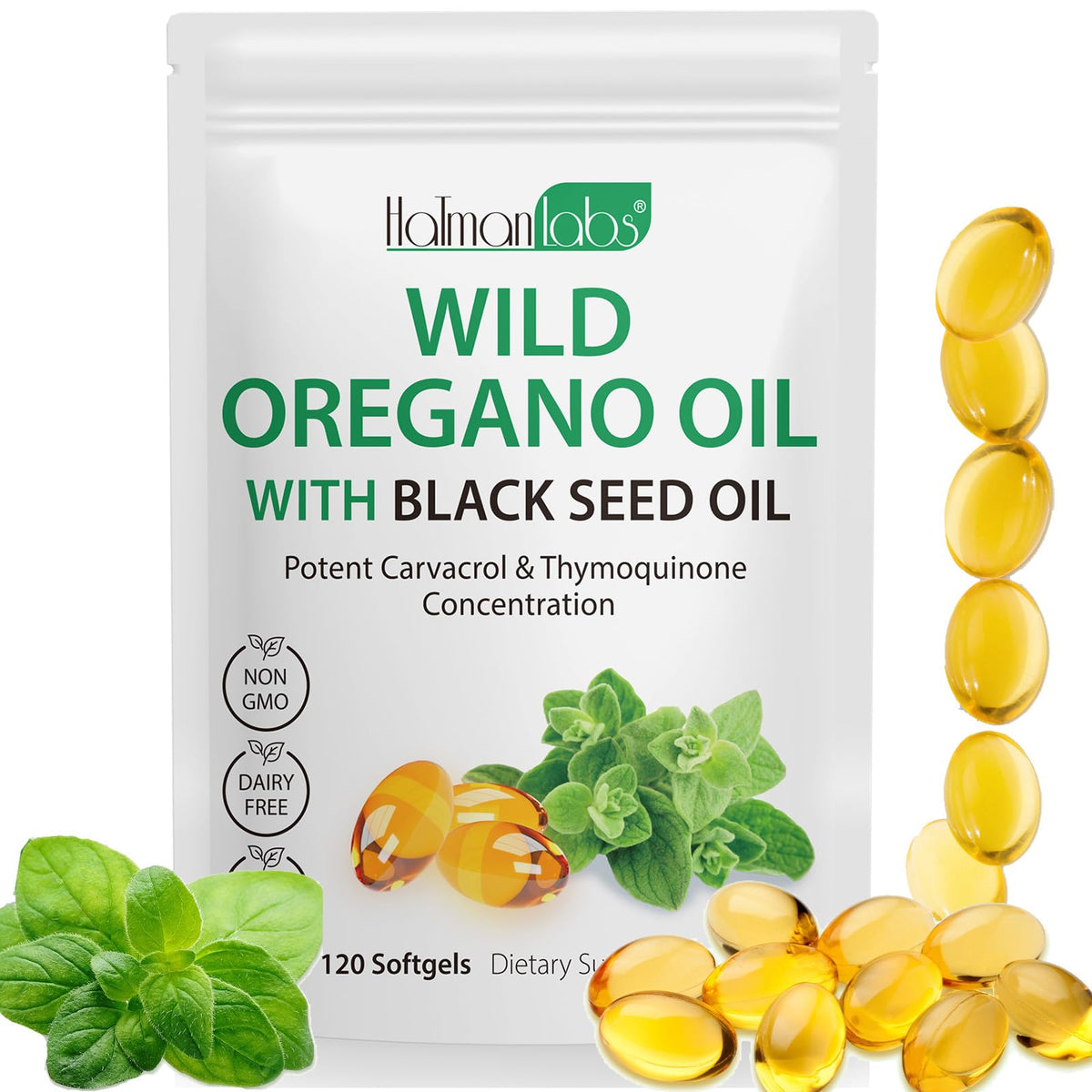 Oregano oil softgels with black seed oil and 6,000 mg label