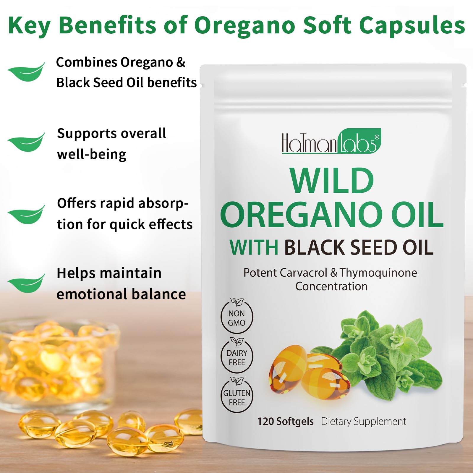 Oregano oil softgels bottle close-up