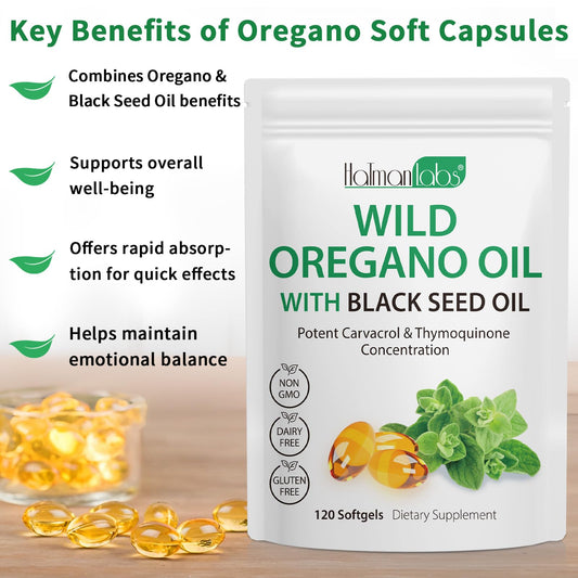 Oregano oil softgels bottle close-up