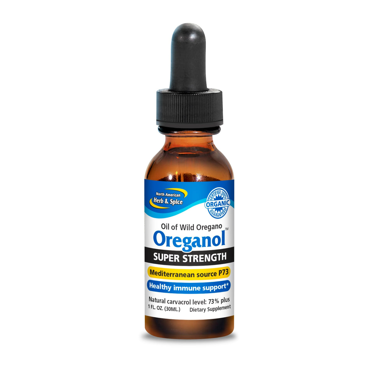 Front view of Oreganol P73 1 oz oregano oil bottle