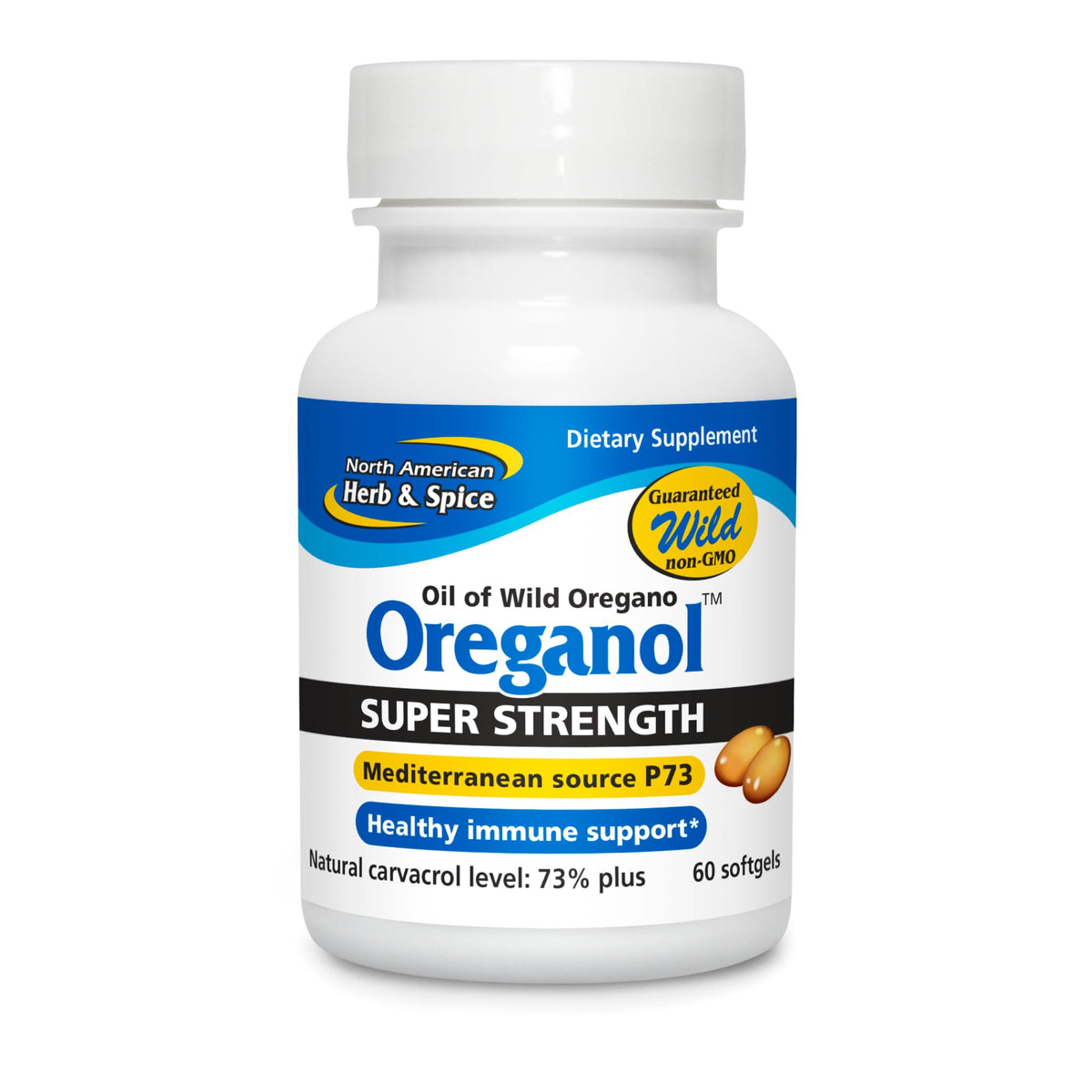 Oreganol P73-60 Softgels bottle and label