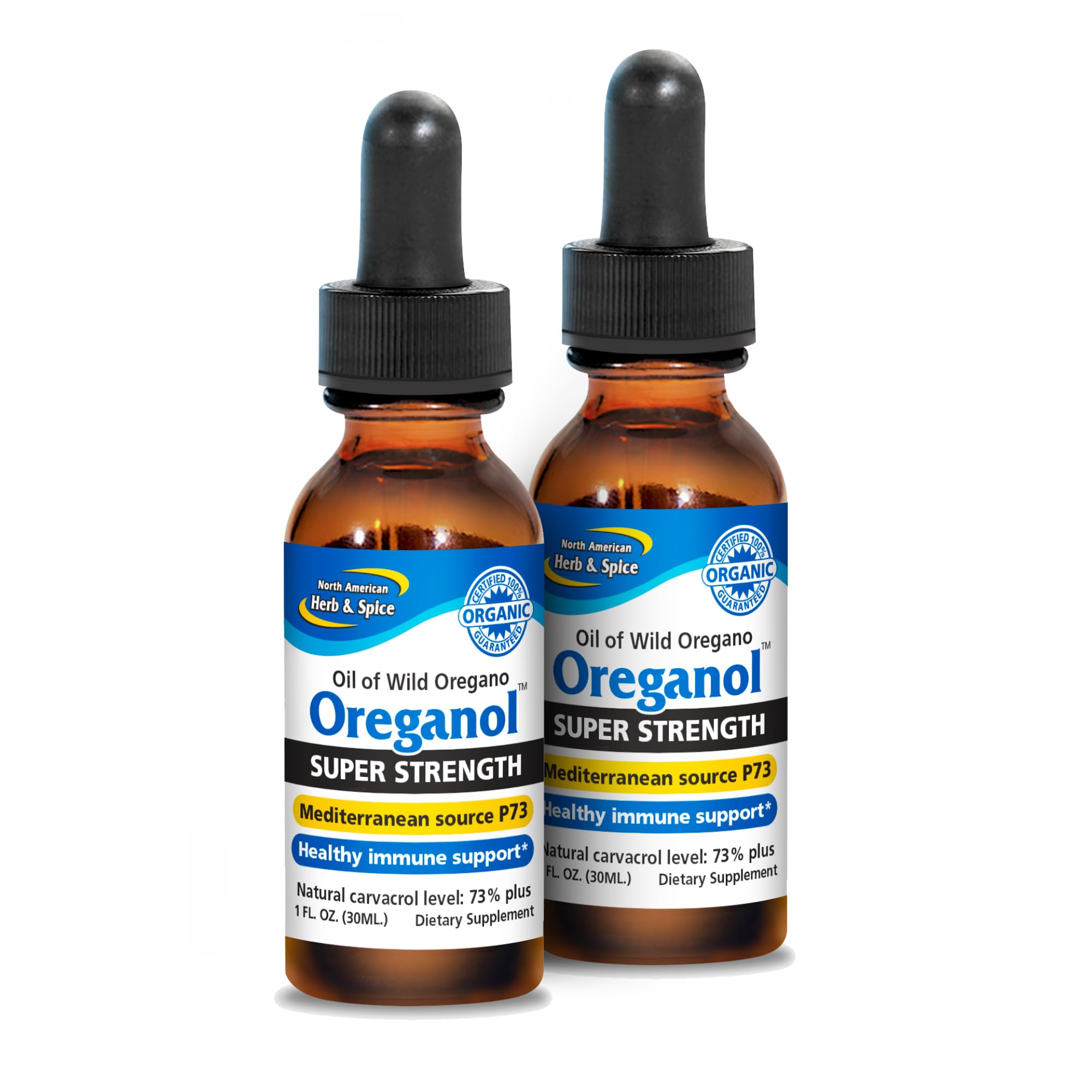 Two bottles of Oreganol P73 Super Strength, 1 fl oz each