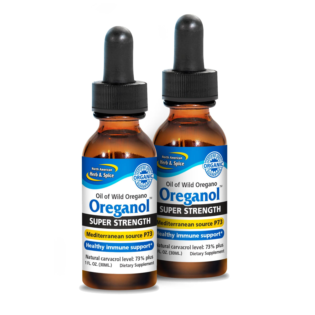 Two bottles of Oreganol P73 Super Strength, 1 fl oz each